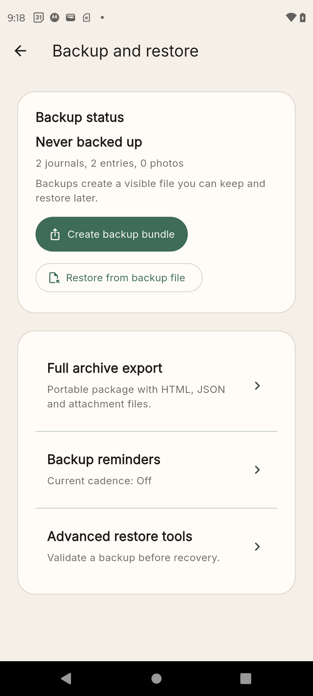 DayKept Backup and restore screen showing Create backup bundle, Restore from backup file and related continuity tools.