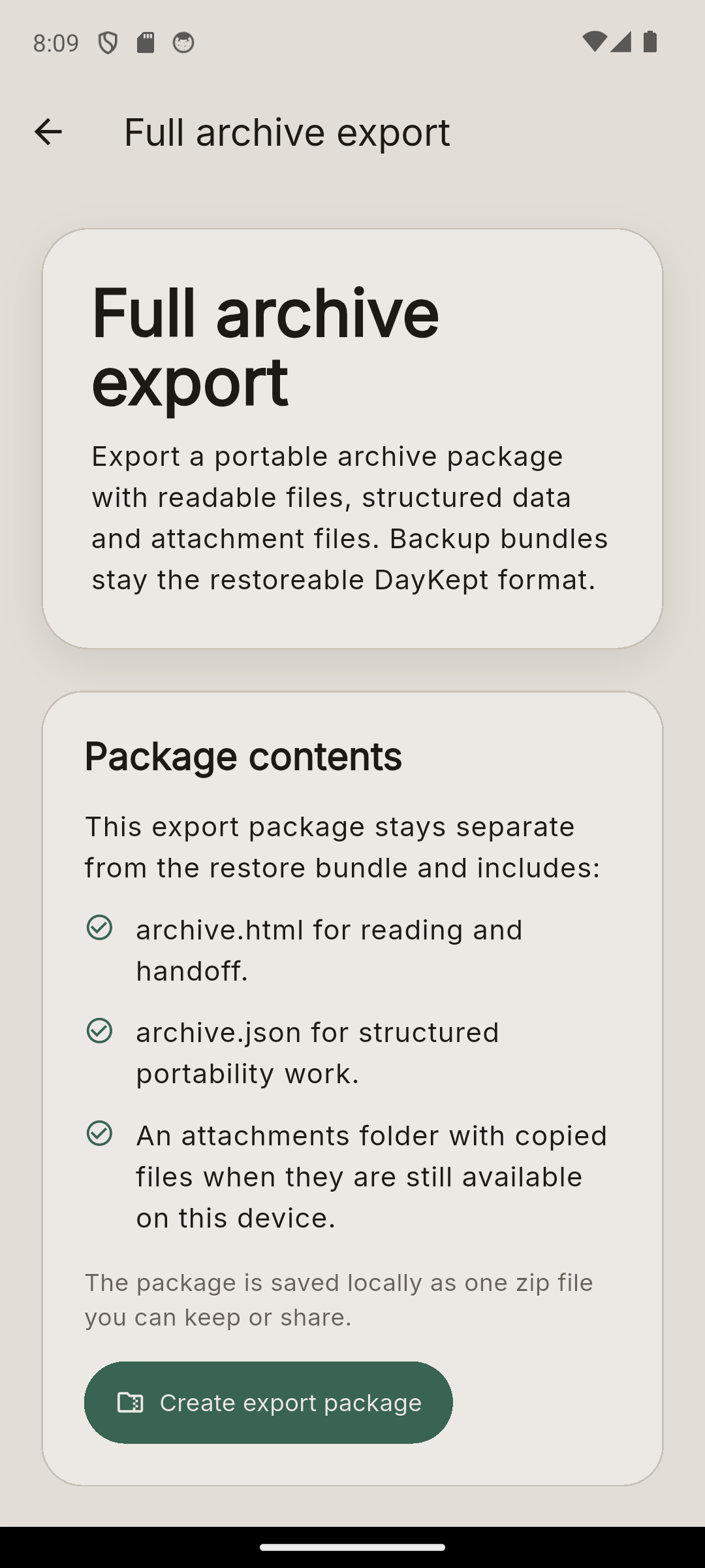 DayKept full archive export showing a portable package with readable files, structured data and attachment files.