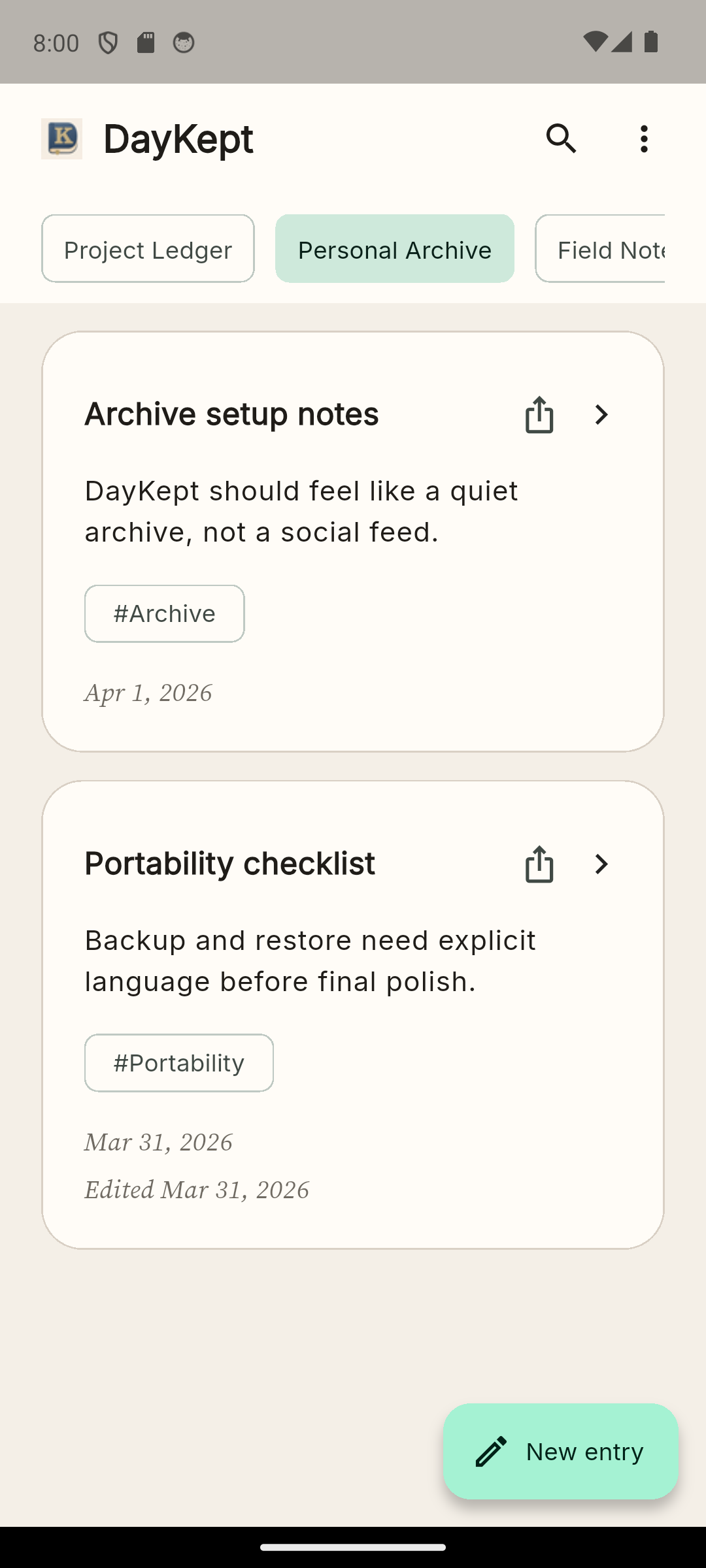 DayKept home archive showing journals, entry cards and the New entry action.