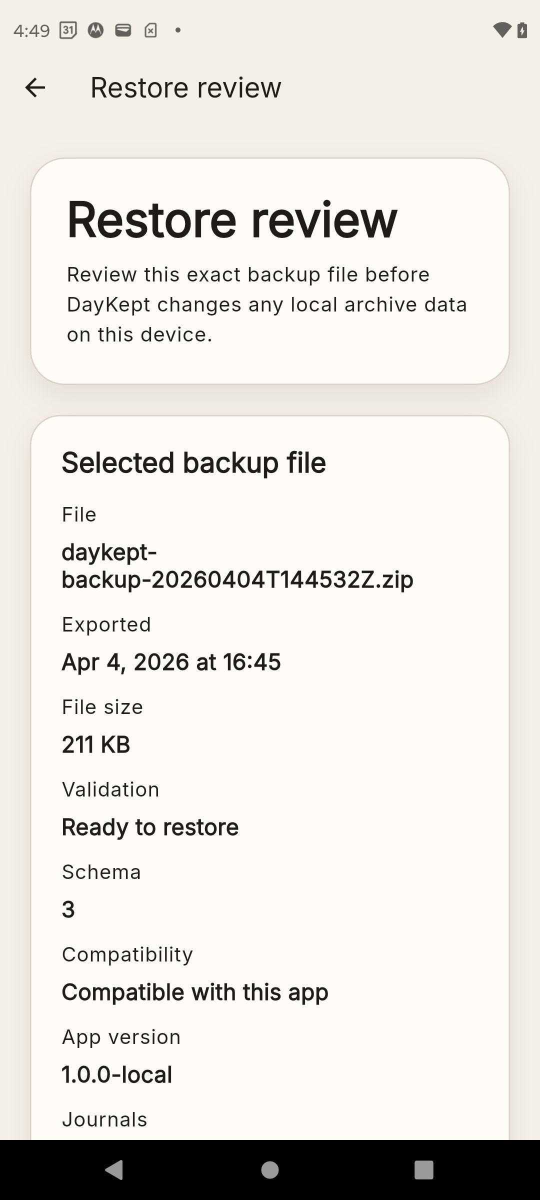 DayKept Restore review showing the selected backup file, validation and readiness before the restore starts.
