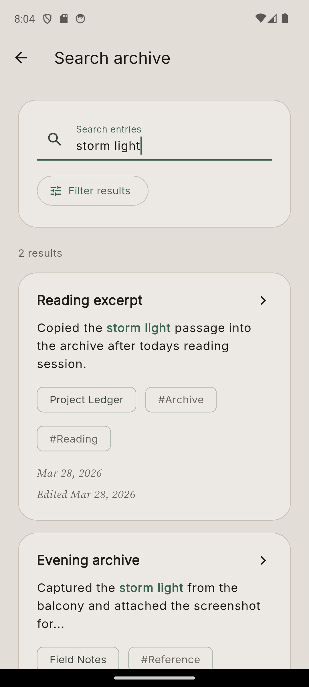 DayKept search showing a phrase query with matching snippets inside real entries.